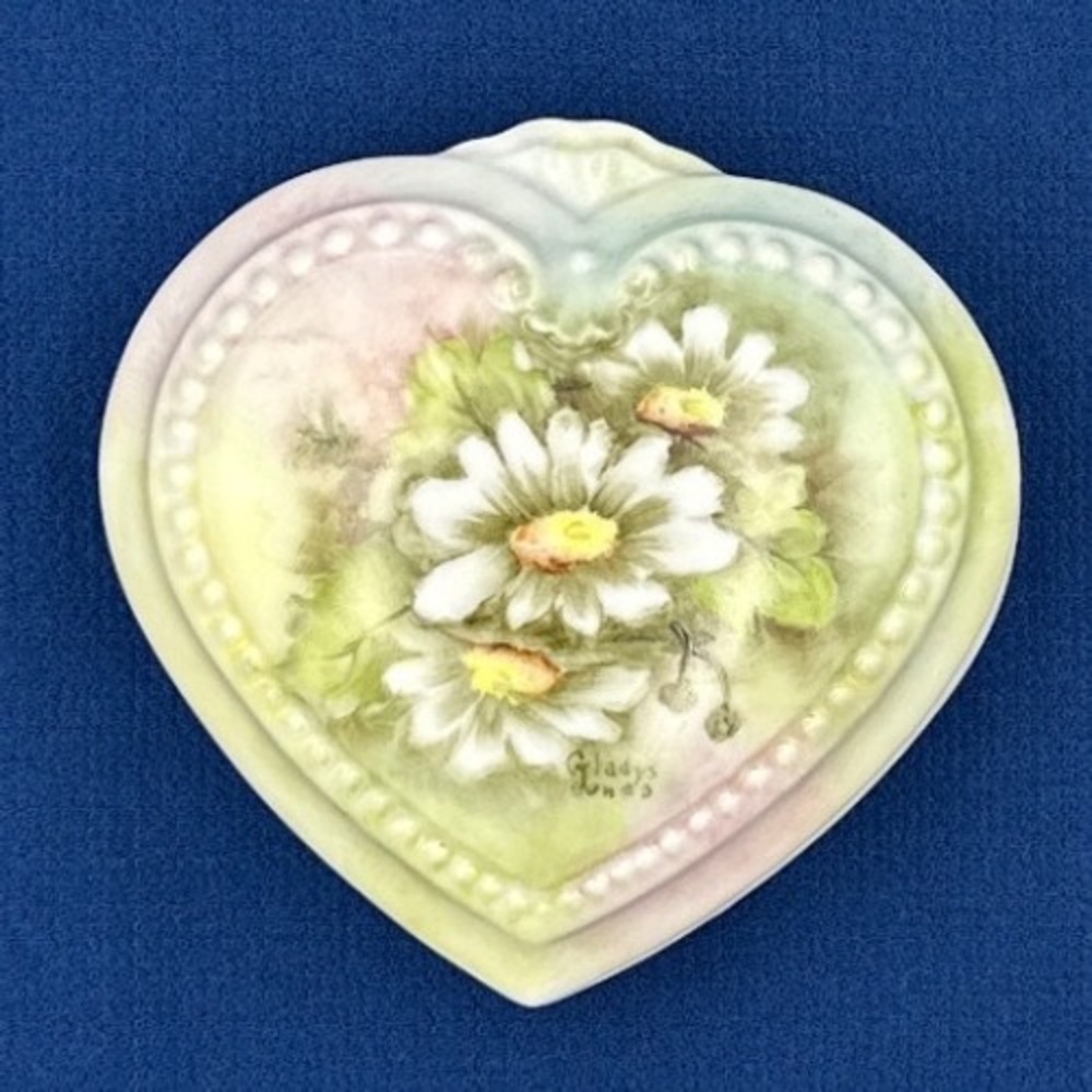 Vintage Gladys Jones Hand Painted Heart Porcelain Trinket Boy Floral Beaded Lid